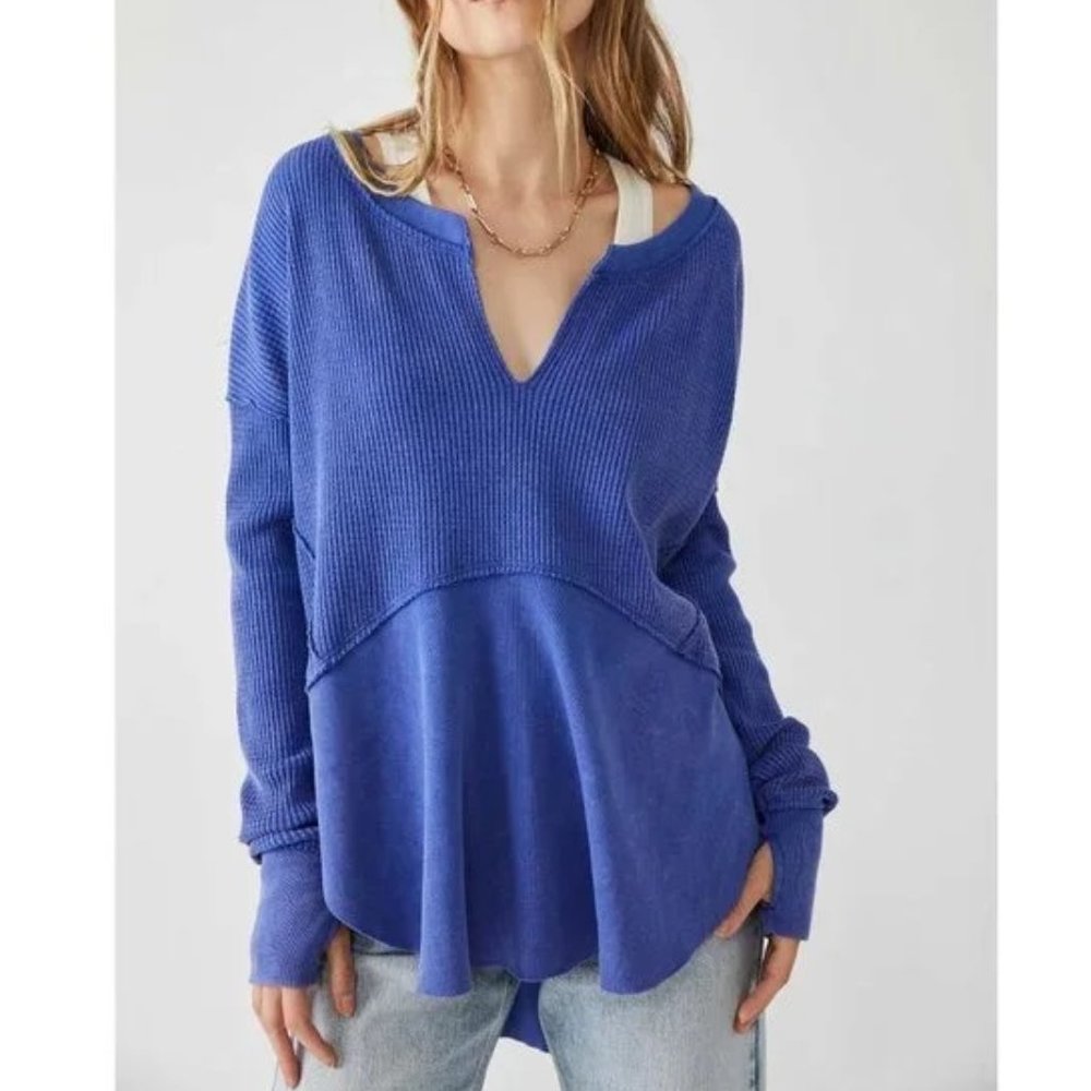 Free People Blue V-Neck Top
